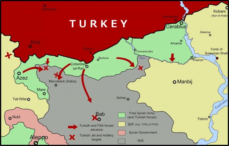 This map displays the movements of the Turkish military into northern Syria on August 24th. The Turkish and Syrian rebel positions are marked in green. Kurdish positions are marked in yellow. ISIS positions are marked in black.