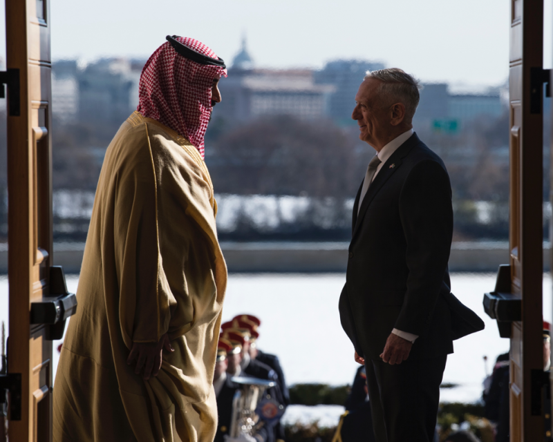 Image of Defense Secretary James N. Mattis meets with Saudi Arabia’s First Deputy Prime Minister and Minister of Defense, Crown Prince Mohammed bin Salman bin Abdulaziz at the Pentagon in Washington D.C., Mar. 22, 2018.