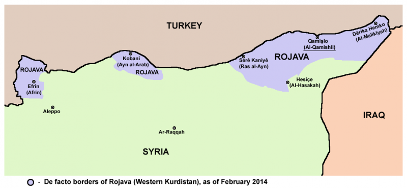 De facto Rojava borders in Februrary 2014