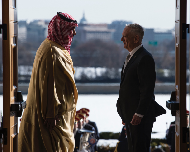 Defense Secretary James N. Mattis meets with Saudi Arabia’s First Deputy Prime Minister and Minister of Defense, Crown Prince Mohammed bin Salman bin Abdulaziz at the Pentagon in Washington D.C., Mar. 22, 2018. Image of Defense Secretary James N. Mattis meets with Saudi Arabia’s First Deputy Prime Minister and Minister of Defense, Crown Prince Mohammed bin Salman bin Abdulaziz at the Pentagon in Washington D.C., Mar. 22, 2018.