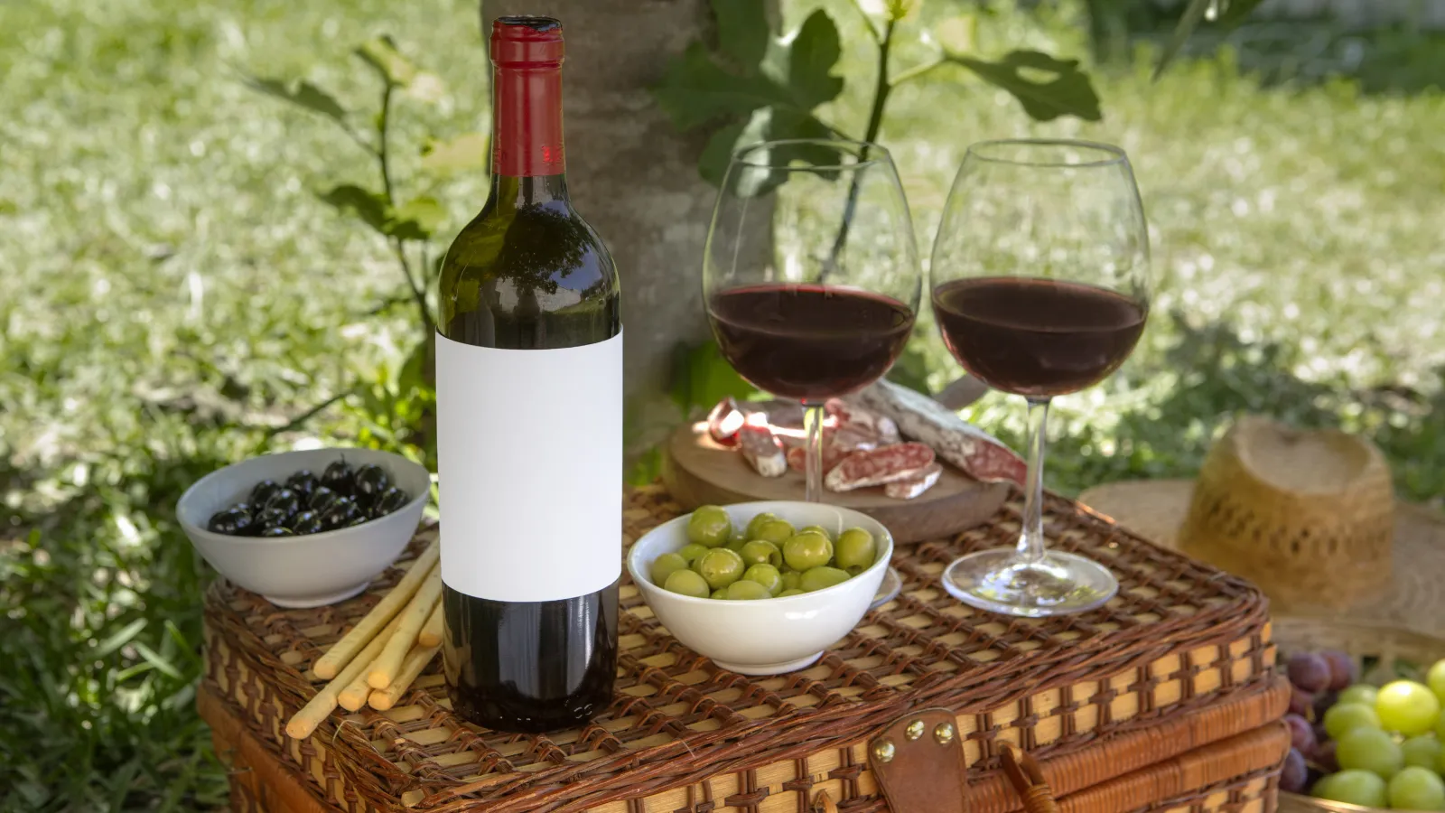 Picnic with olives and wine