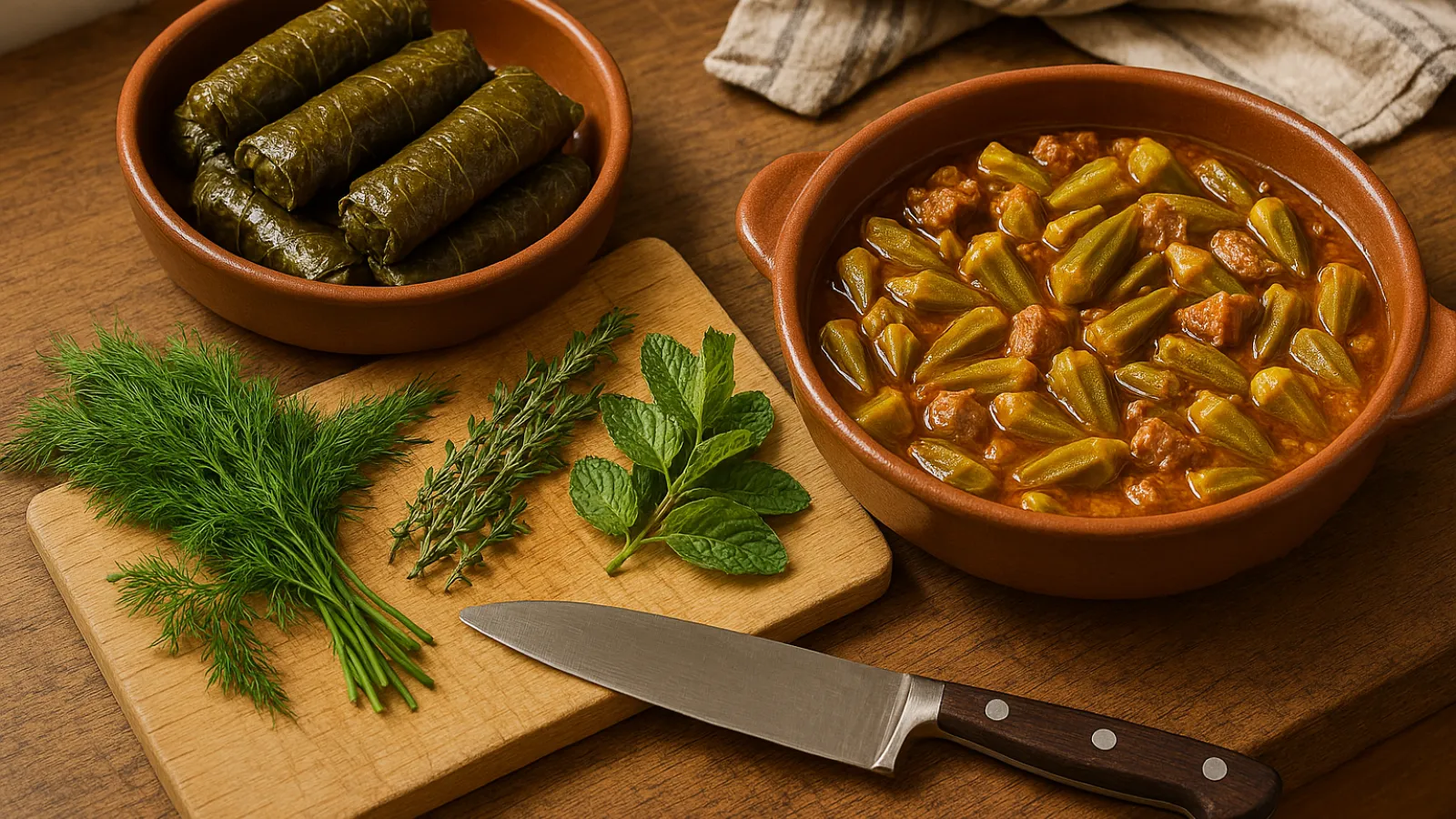 Stuffed grape leaves, okra, herbs