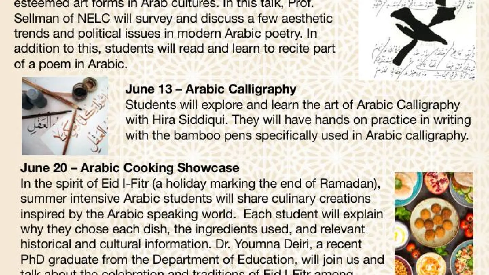 Flyer for Arab cultural events this summer