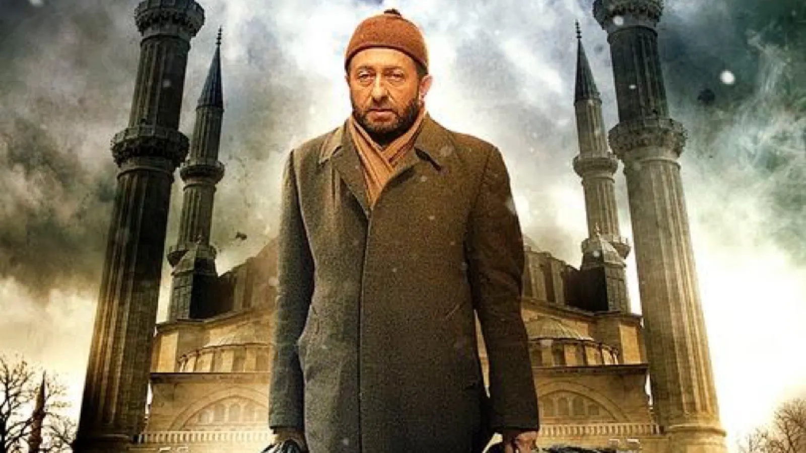 Main character stands before a mosque holding luggage