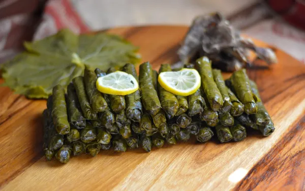 stuffed grape leaves garnished with lemon slices