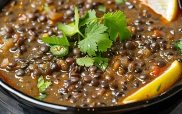 a bowl of Shorbat Habb garnished with lemon and parsley