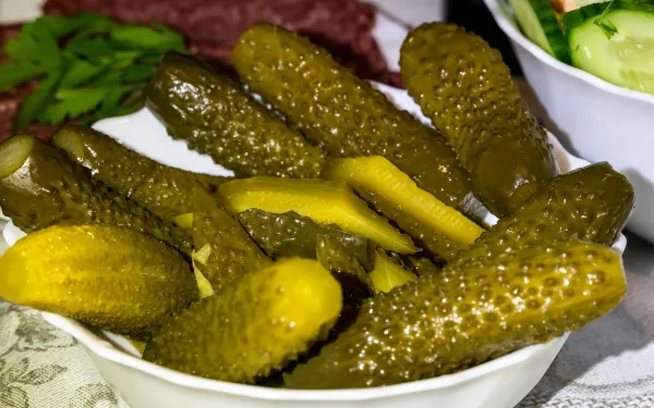 a bowl of Turshi Khiyar, or Iraqi pickles