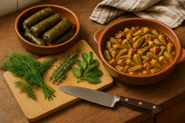 Stuffed grape leaves, okra, herbs